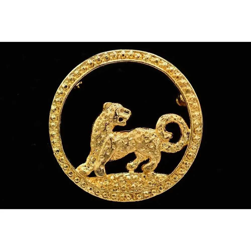 Vintage Leopard Pin Brooch Gold Wild Cat Jungle Antiqued Gold Tone 1980s 9B